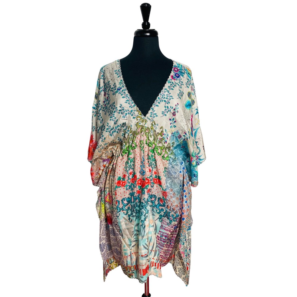Johnny Was 100% Washable Silk Kimono Sz L Artsy Resort Cover Up Luxe Bohemian - Picture 3 of 14